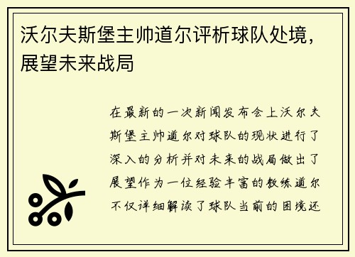 沃尔夫斯堡主帅道尔评析球队处境，展望未来战局